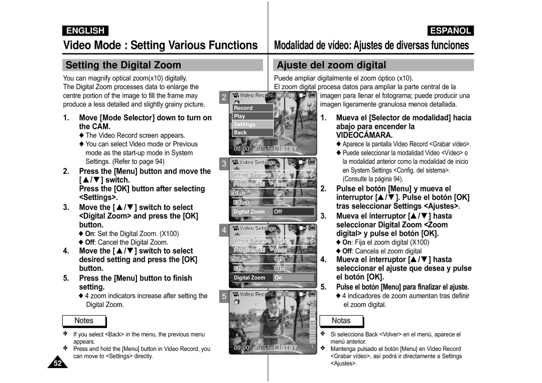 Samsung VP-M110B/EUR, VP-M110S/XET manual Setting the Digital Zoom Ajuste del zoom digital, Digital Zoom and press the OK 