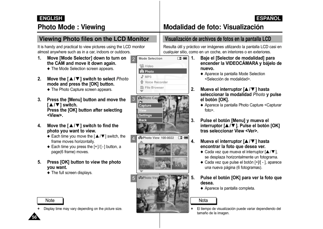 Samsung VP-M110B/XEF manual Photo Mode Viewing Modalidad de foto Visualizació n, Viewing Photo files on the LCD Monitor 