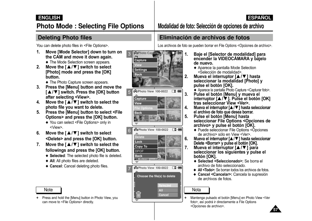 Samsung VP-X110L/XEF manual Photo Mode Selecting File Options, Deleting Photo files Eliminació n de archivos de fotos 