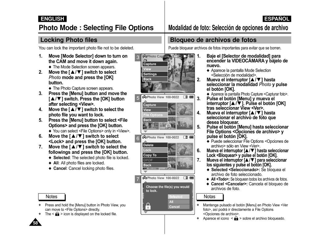 Samsung VP-M110R/XEF manual Locking Photo files Bloqueo de archivos de fotos, Lock and press the OK button, Desea bloquear 