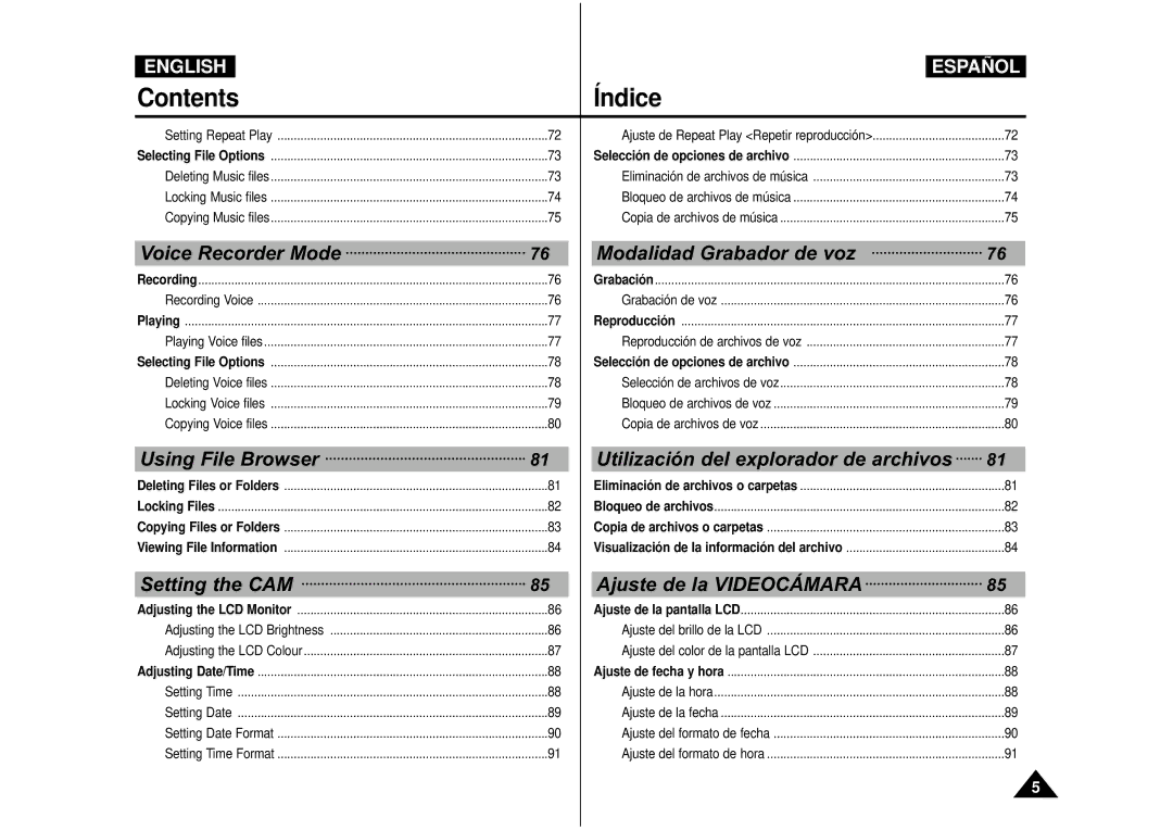 Samsung VP-M110SMEM, VP-M110S/XET, VP-M110S/XEF, VP-M110B/XEF, VP-X110L/XEF Voice Recorder Mode Modalidad Grabador de voz 