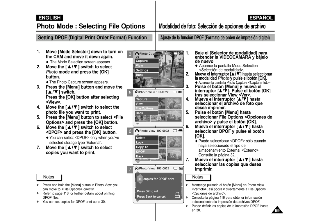 Samsung VP-X110L/XET manual Photo file you want to print, Dpof and press the OK button, Encender la Videocámara y bájelo 