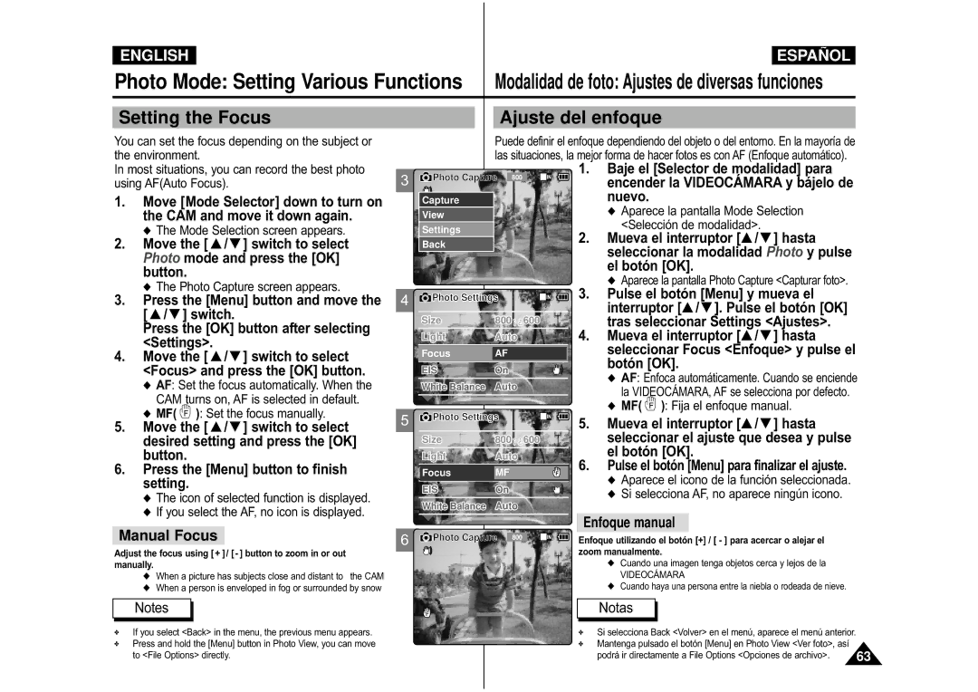 Samsung VP-M105B/XEC manual Setting the Focus, Focus and press the OK button, CAM turns on, AF is selected in default 