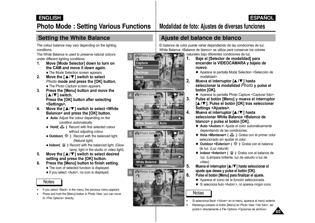 Samsung VP-M110S/XEC manual CAM and move it down again, Move the / switch to select, Photo mode and press the OK button 