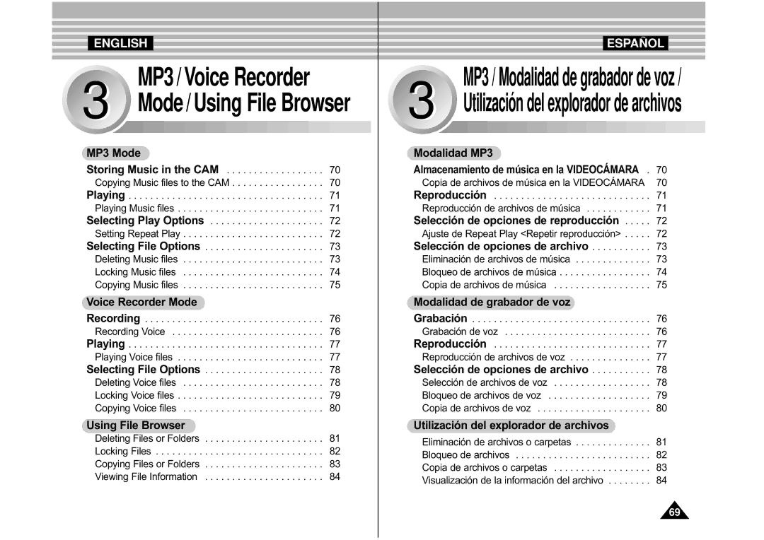 Samsung VP-M110B/KNT, VP-M110S/XET, VP-M110SMEM MP3 / Modalidad de grabador de voz, Utilizació n del explorador de archivos 