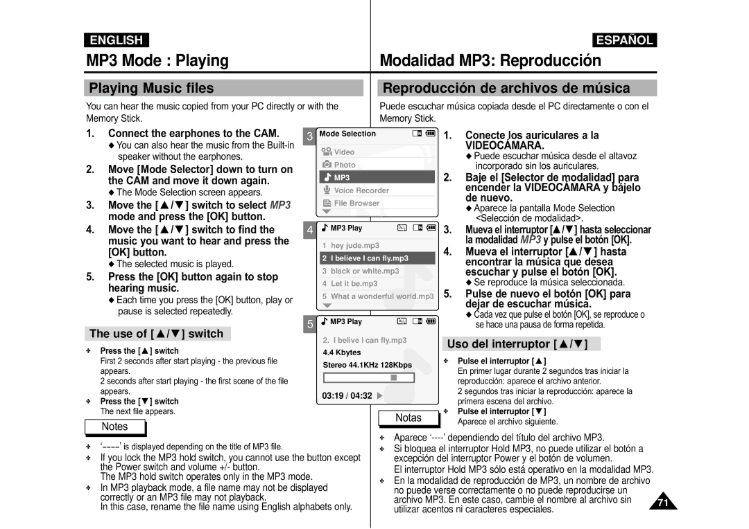 Samsung VP-M110S/TAW, VP-M110S/XET manual MP3 Mode Playing Modalidad MP3 Reproducció n, Use of / switch, Uso del interruptor 