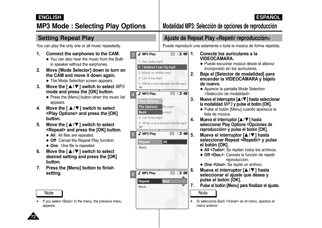 Samsung VP-M110S/UMG, VP-M110S/XET manual MP3 Mode Selecting Play Options, Ajuste de Repeat Play Repetir reproducció n 