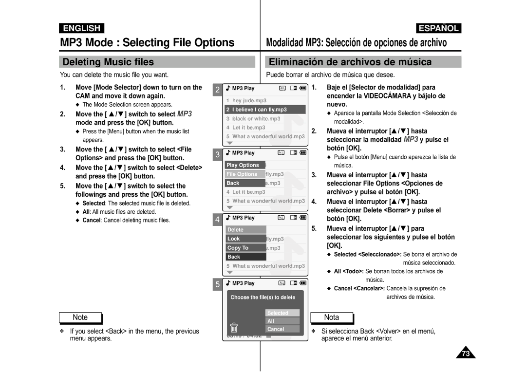 Samsung VP-M110R/KNT Deleting Music files, Eliminació n de archivos de mú sica, You can delete the music file you want 