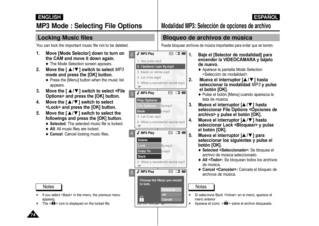 Samsung VP-M110S/AND, VP-M110S/XET MP3 Mode Selecting File Options, Locking Music files Bloqueo de archivos de mú sica 