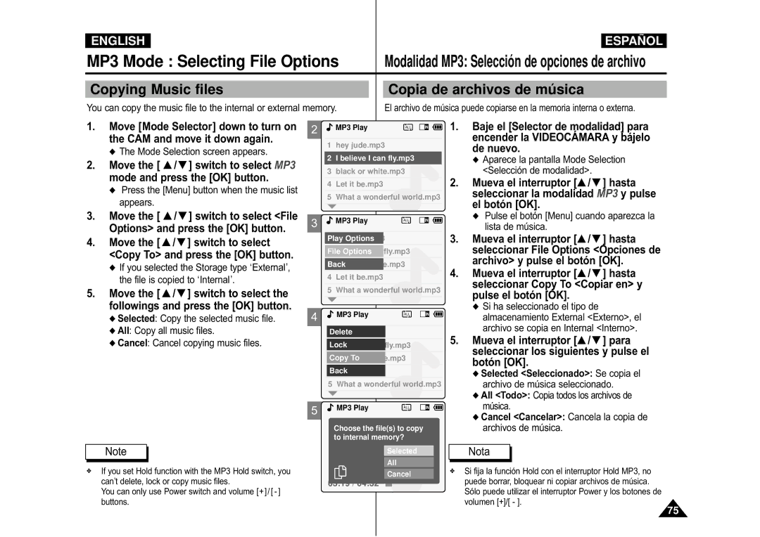 Samsung VP-X110L/AFR, VP-M110S/XET, VP-M110S/XEF, VP-M110B/XEF, VP-M110SMEM Copying Music files, Copia de archivos de mú sica 