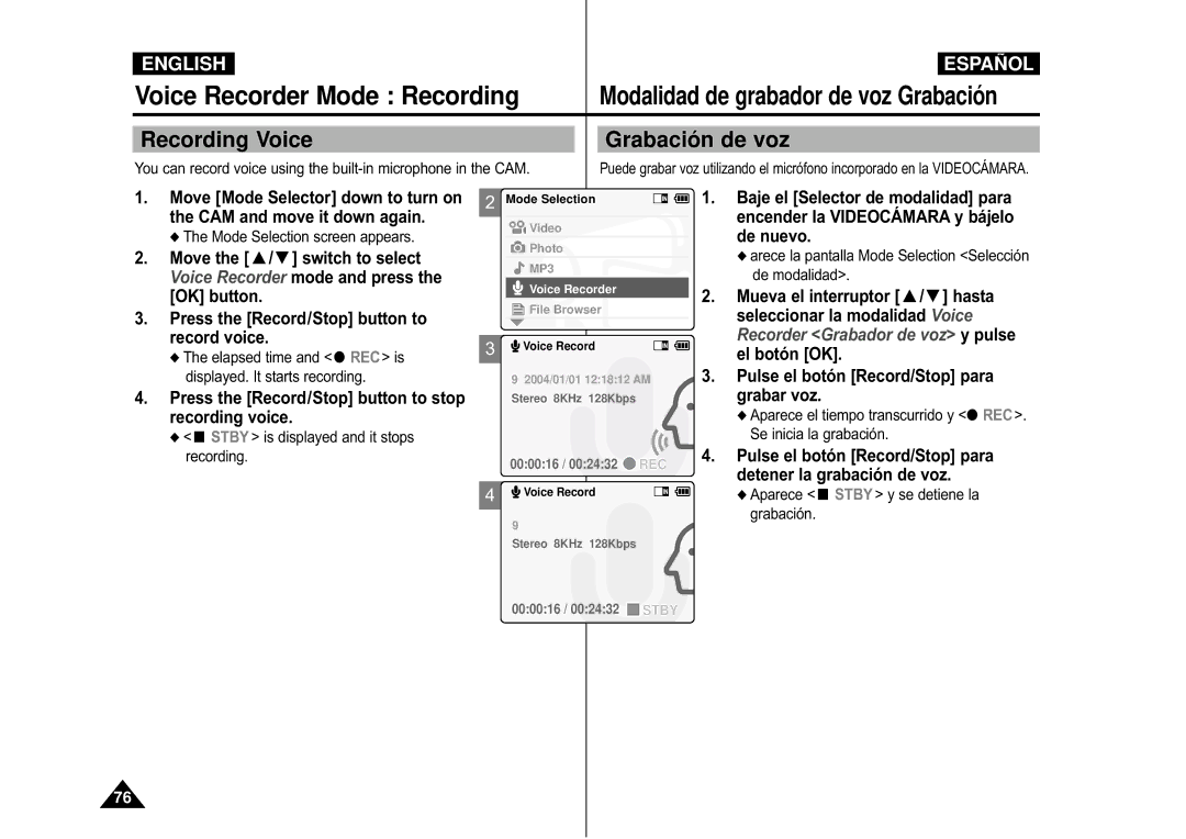 Samsung VP-X110L/UMG, VP-M110S/XET, VP-M110S/XEF manual Voice Recorder Mode Recording, Recording Voice Grabació n de voz 