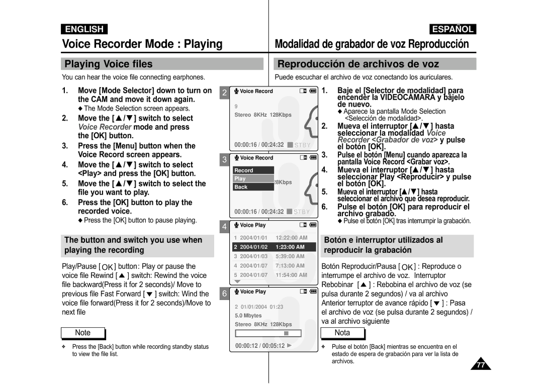 Samsung VP-M110S/XSG, VP-M110S/XET manual Voice Recorder Mode Playing, Playing Voice files Reproducció n de archivos de voz 