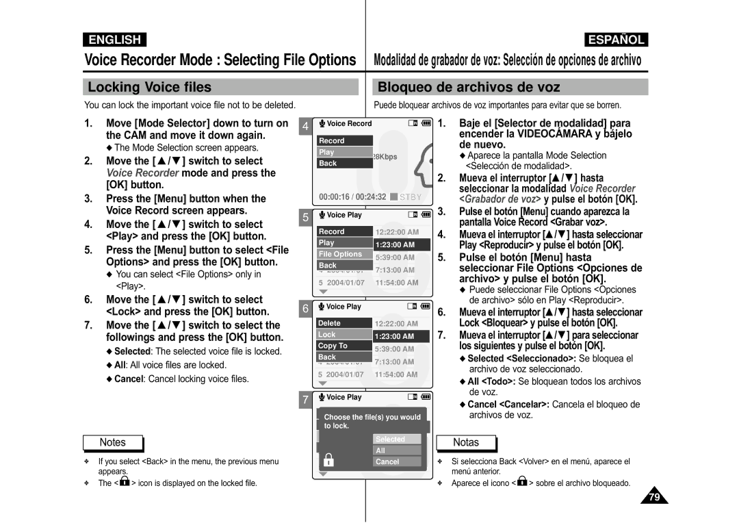 Samsung VP-M110R/XSG, VP-M110S/XET manual Locking Voice files Bloqueo de archivos de voz, Mueva el interruptor / hasta 