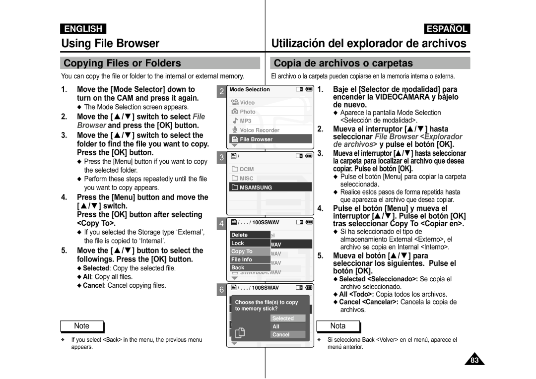 Samsung VP-X110L/KNT manual Copying Files or Folders, Copia de archivos o carpetas, Tras seleccionar Copy To Copiar en 