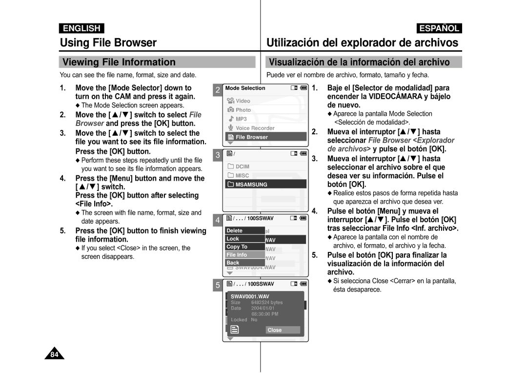 Samsung VP-X110L/XSG, VP-M110S/XET, VP-M110S/XEF, VP-M110B/XEF, VP-X110L/XEF, VP-M110R/XEF manual Viewing File Information 