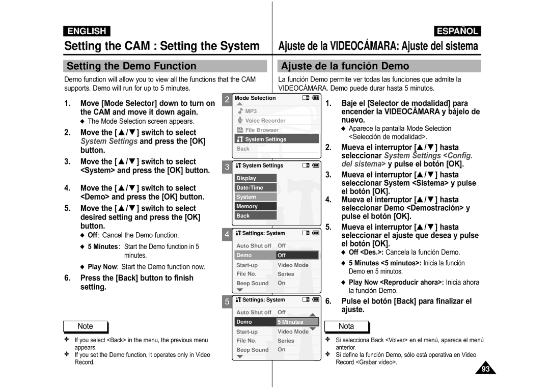 Samsung VP-X110L/XEH, VP-M110S/XET, VP-M110S/XEF, VP-M110B/XEF manual Setting the Demo Function Ajuste de la funció n Demo 