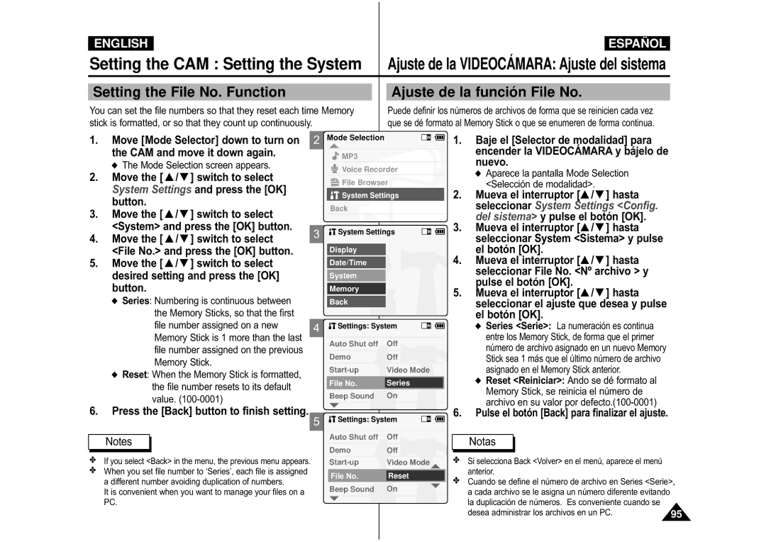 Samsung VP-M105S/XEE, VP-M110S/XET, VP-M110S/XEF, VP-M110B/XEF Setting the File No. Function Ajuste de la funció n File No 