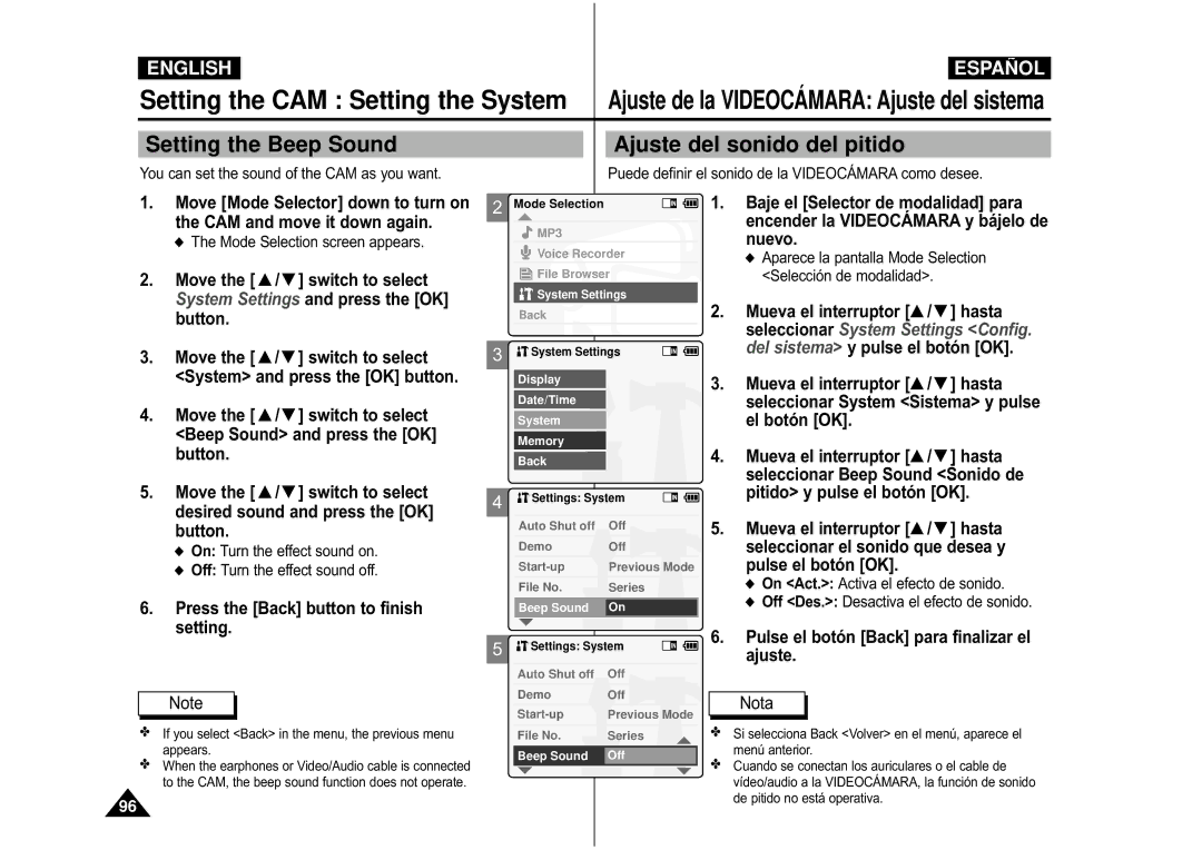 Samsung VP-M110S/XEE, VP-M110S/XET, VP-M110S/XEF, VP-M110B/XEF manual Setting the Beep Sound Ajuste del sonido del pitido 