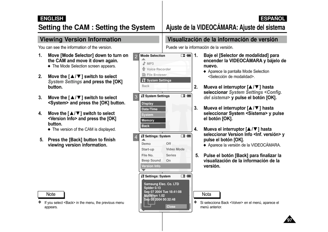 Samsung VP-M105S/SEO manual Press the Back button to finish viewing version information, Version of the CAM is displayed 