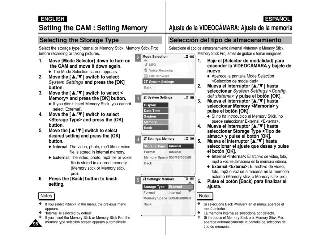 Samsung VP-M105B/SEO, VP-M110S/XET manual Setting the CAM Setting Memory, Ajuste de la Videocá Mara Ajuste de la memoria 