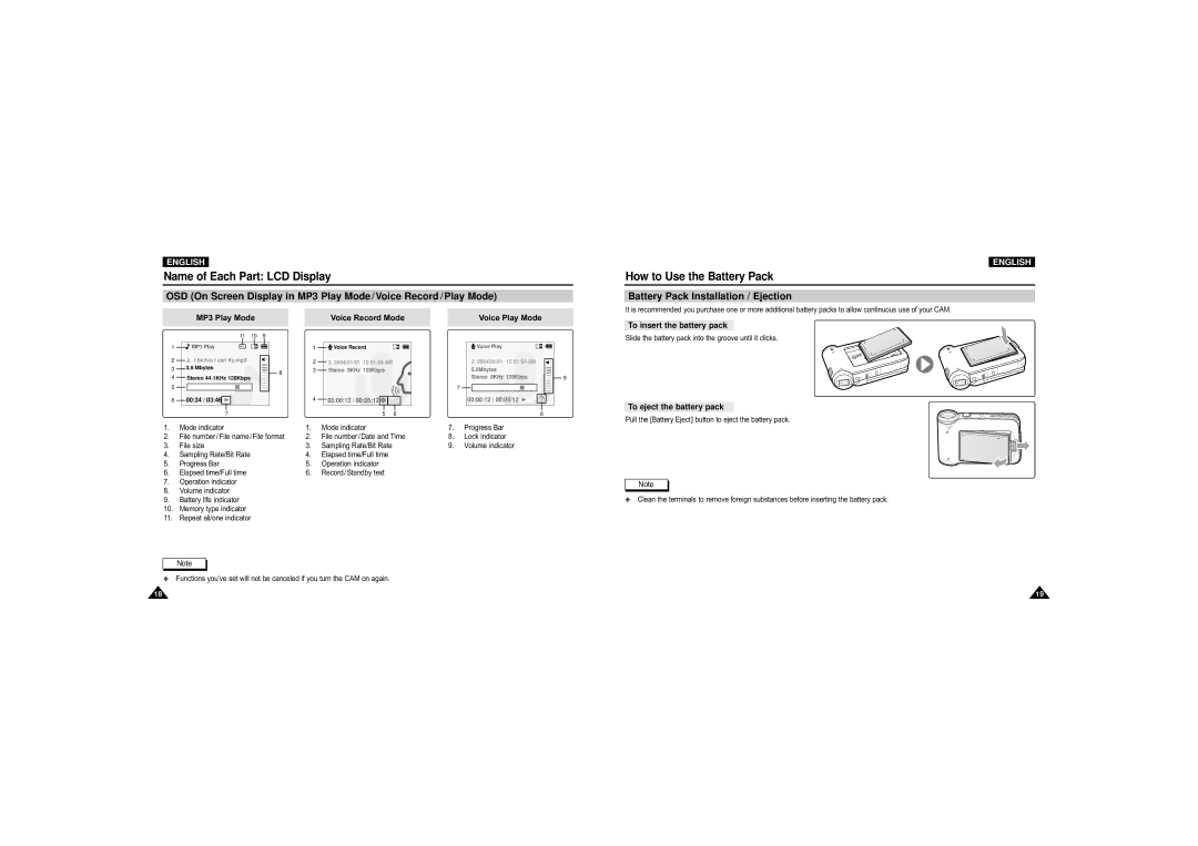 Samsung VP-X110L/XEC How to Use the Battery Pack, Battery Pack Installation / Ejection, MP3 Play Mode Voice Record Mode 