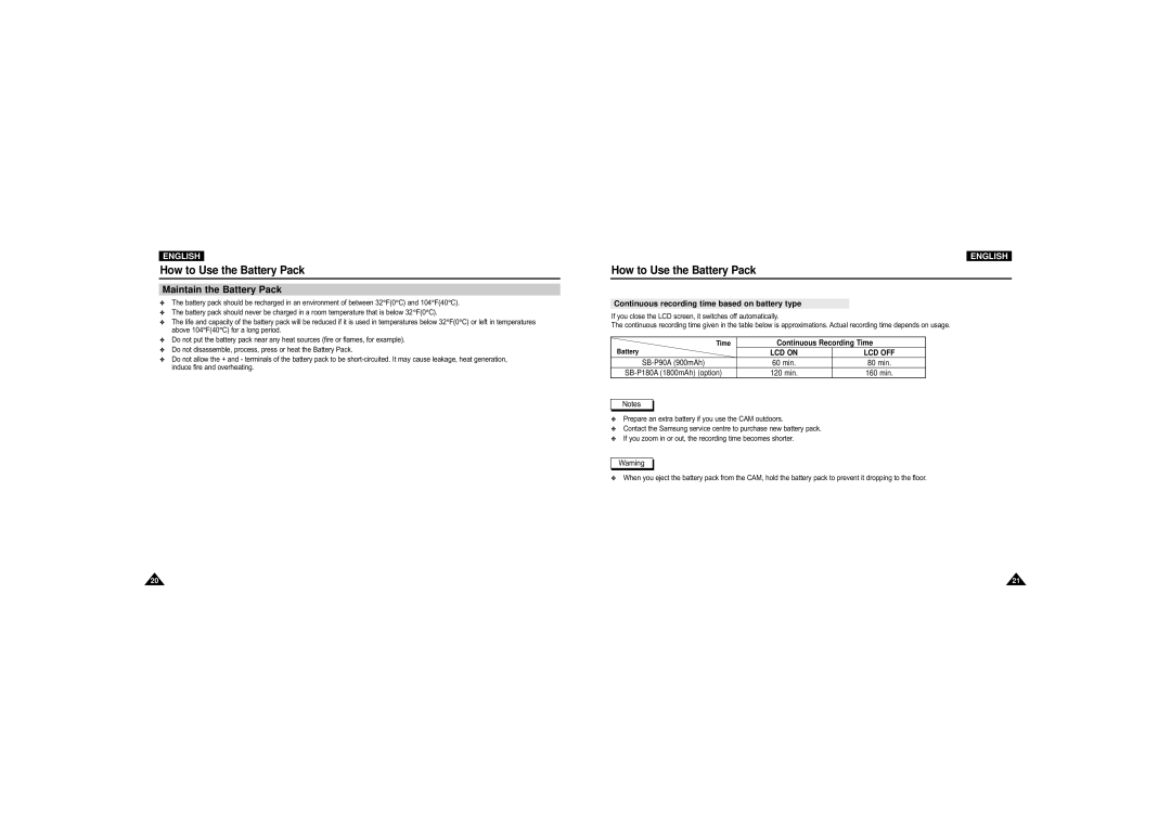 Samsung VP-M110S/XEC, VP-M110S/XET, VP-M110S/XEF Maintain the Battery Pack, Continuous recording time based on battery type 