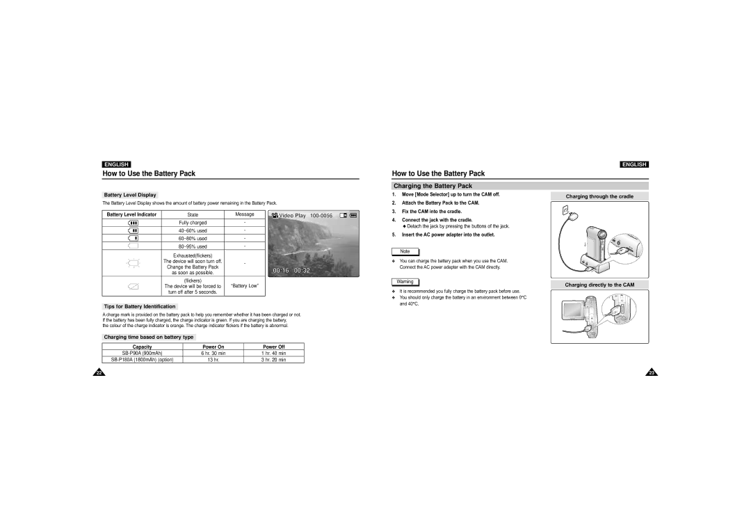 Samsung VP-M110R/XEC, VP-M110S/XET, VP-M110S/XEF, VP-M110B/XEF Charging the Battery Pack, 0016, Charging directly to the CAM 