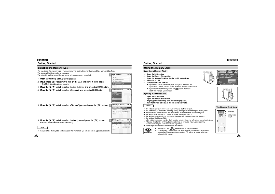 Samsung VP-M110S/TAW, VP-M110S/XET, VP-M110S/XEF manual Selecting the Memory Type, Using the Memory Stick, Memory Stick View 