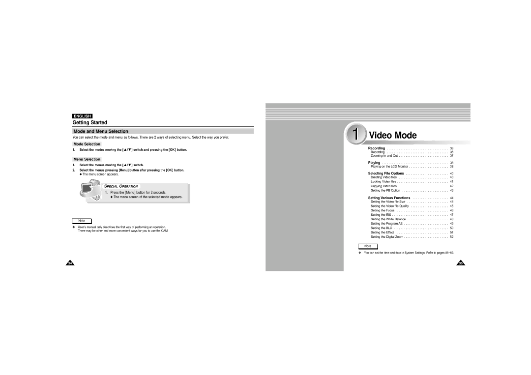 Samsung VP-M110S/UMG, VP-M110S/XET, VP-M110S/XEF, VP-M110B/XEF, VP-X110L/XEF manual Mode and Menu Selection, Mode Selection 