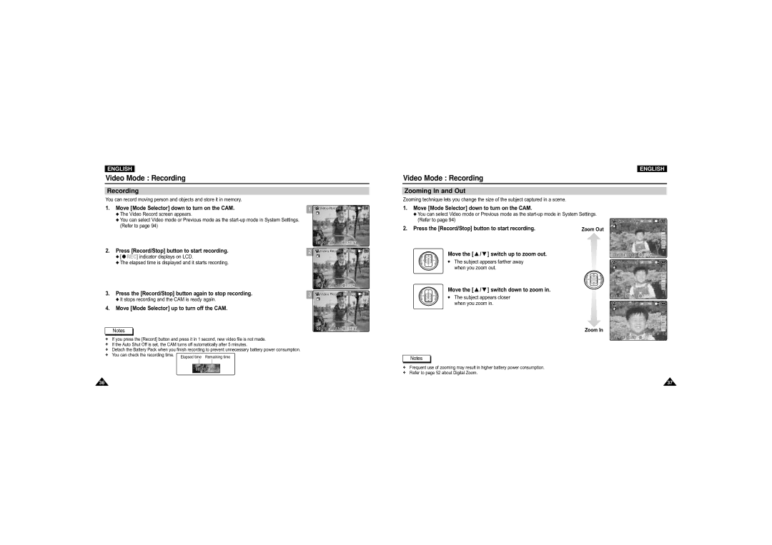 Samsung VP-M110R/KNT, VP-M110S/XET, VP-M110S/XEF, VP-M110B/XEF, VP-X110L/XEF manual Video Mode Recording, Zooming In and Out 