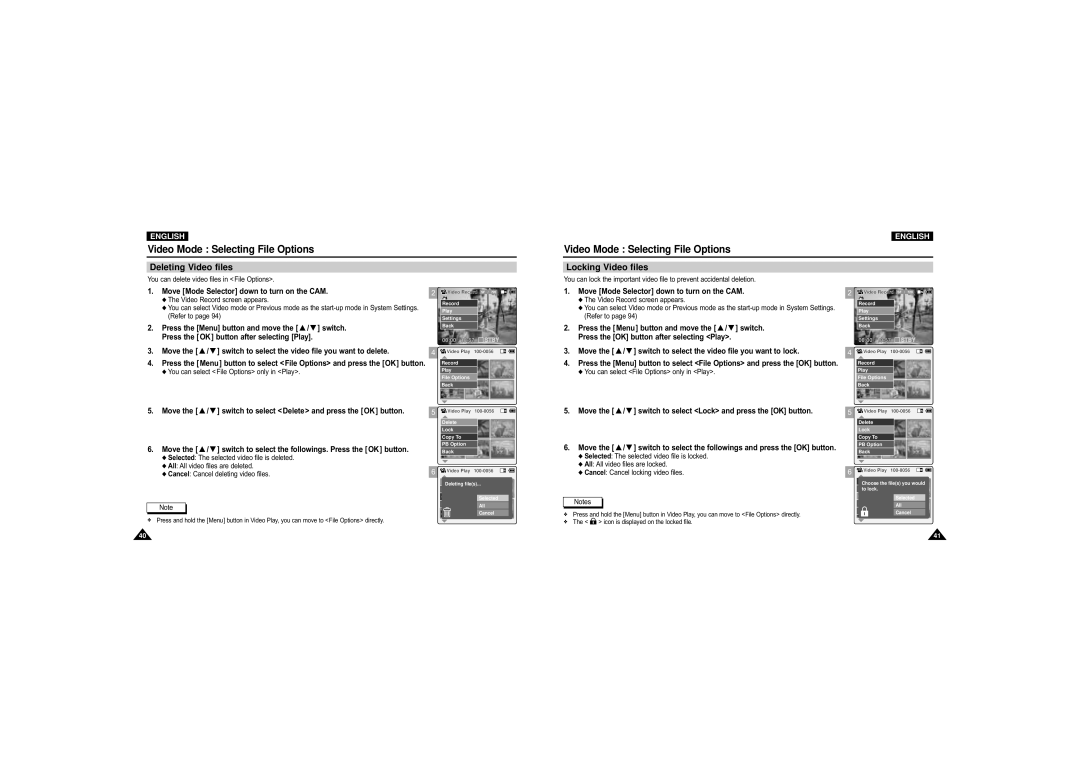 Samsung VP-X110L/AFR, VP-M110S/XET manual Video Mode Selecting File Options, Deleting Video files, Locking Video files 