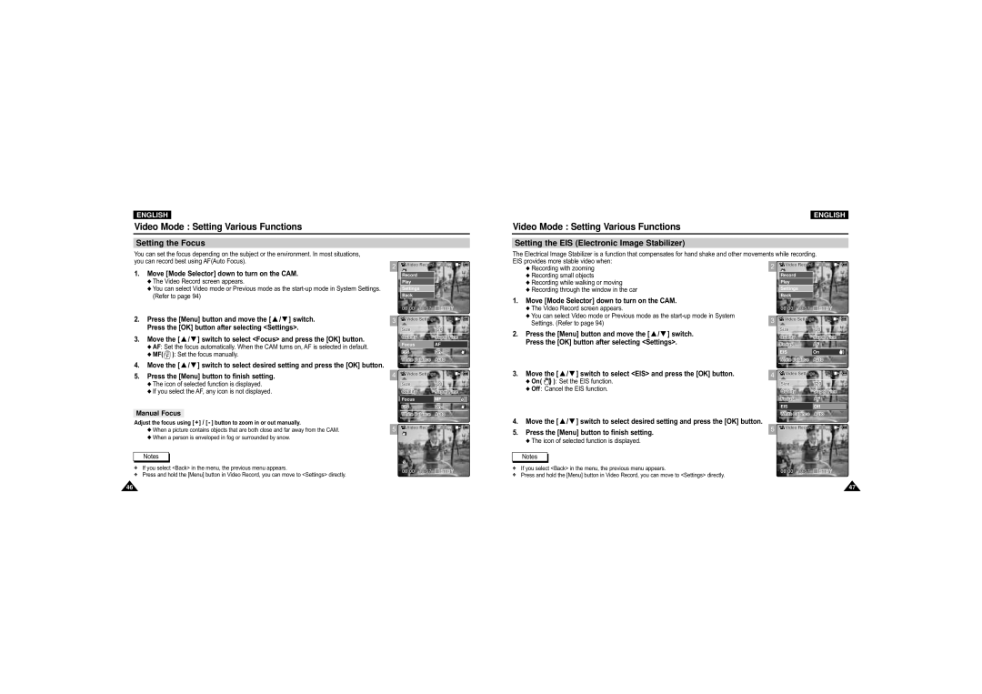 Samsung VP-M110S/FES, VP-M110S/XET manual Setting the Focus, Setting the EIS Electronic Image Stabilizer, Manual Focus 