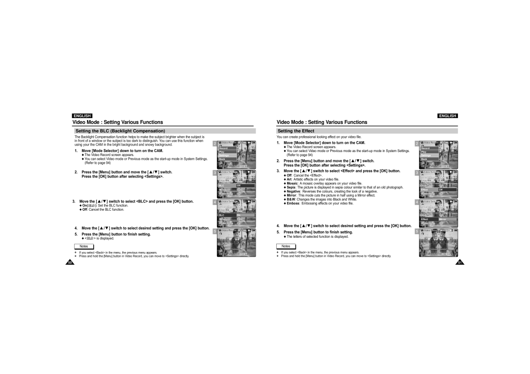 Samsung VP-M110S/HAC, VP-M110S/XET, VP-M110S/XEF, VP-M110B/XEF Setting the BLC Backlight Compensation, Setting the Effect 