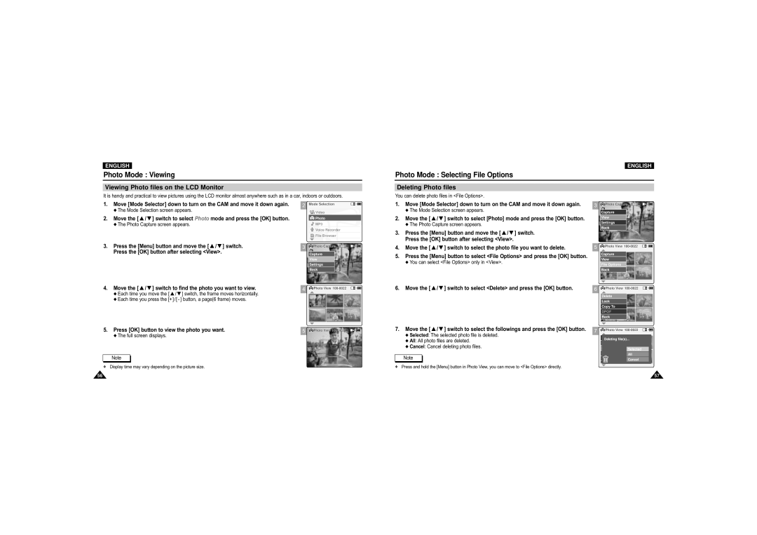 Samsung VP-X110L/KNT manual Photo Mode Viewing, Photo Mode Selecting File Options, Viewing Photo files on the LCD Monitor 