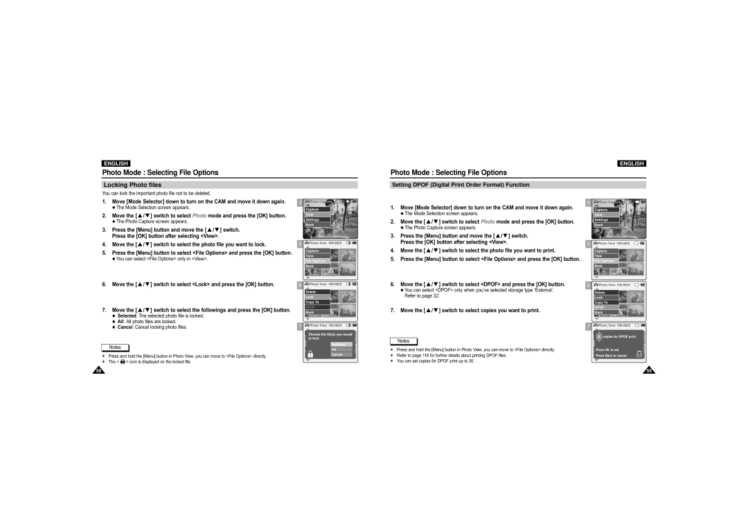 Samsung VP-X110L/XSG, VP-M110S/XET manual Locking Photo files, Move the / switch to select the photo file you want to lock 