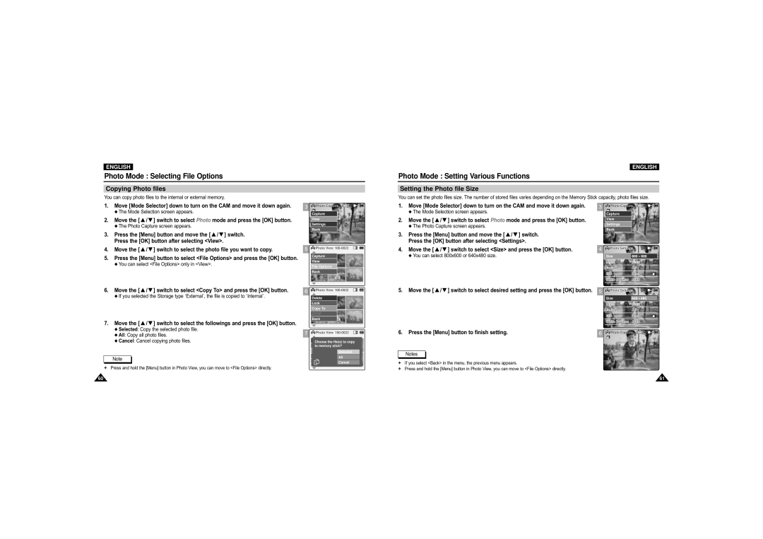 Samsung VP-M105S/XEV, VP-M110S/XET Photo Mode Setting Various Functions, Copying Photo files, Setting the Photo file Size 