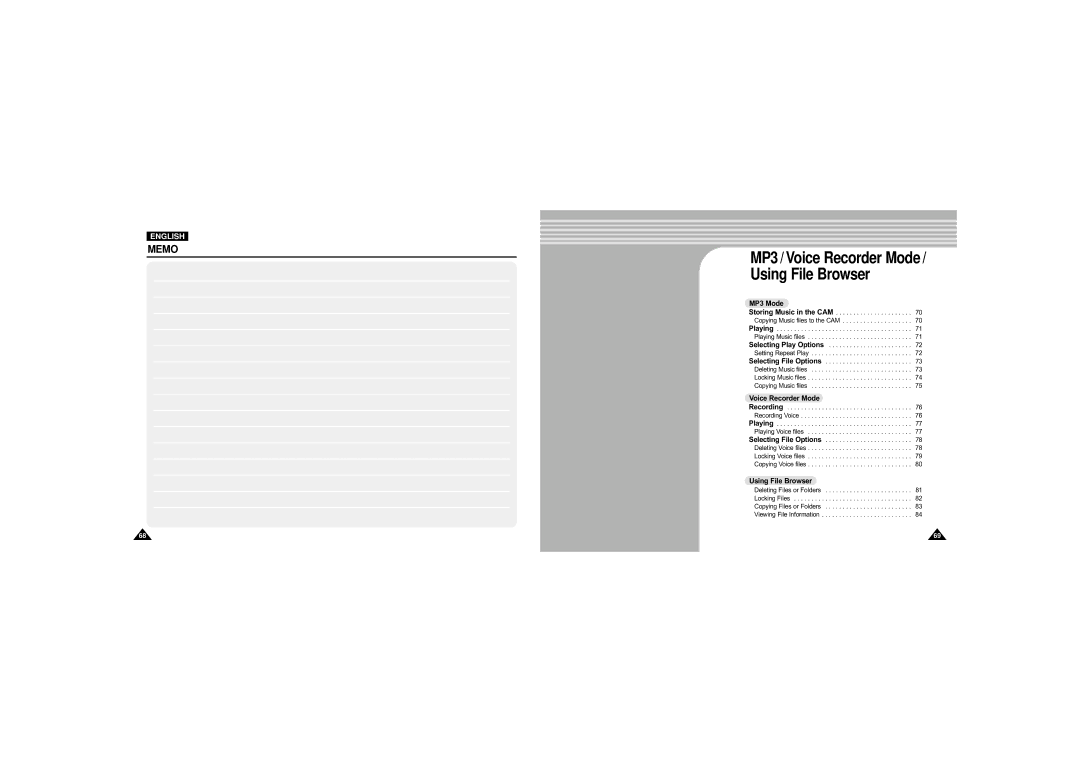 Samsung VP-M110S/FPT, VP-M110S/XET, VP-M110S/XEF, VP-M110B/XEF, VP-M110SMEM MP3 Mode, Voice Recorder Mode, Using File Browser 