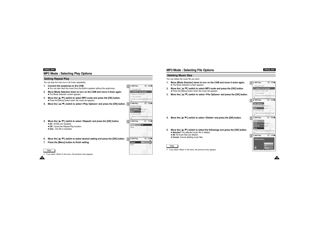 Samsung VP-M110S/EUR, VP-M110S/XET, VP-M110S/XEF MP3 Mode Selecting Play Options, Deleting Music files Setting Repeat Play 