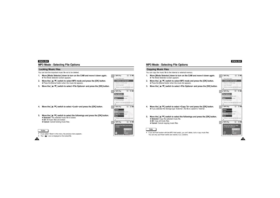 Samsung VP-X110L/EUR, VP-M110S/XET, VP-M110S/XEF MP3 Mode Selecting File Options, Locking Music files, Copying Music files 