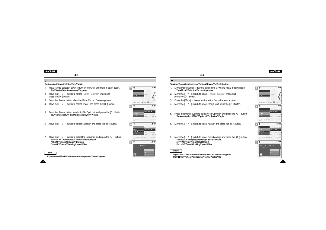 Samsung VP-M110S/XEH, VP-M110S/XET Voice Recorder Mode Selecting File Options, Deleting Voice files, Locking Voice files 