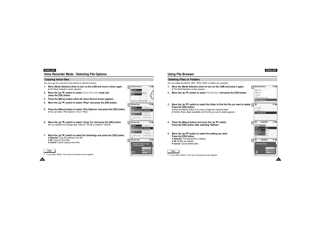 Samsung VP-M105S/XEE, VP-M110S/XET, VP-M110S/XEF manual Using File Browser, Copying Voice files, Deleting Files or Folders 