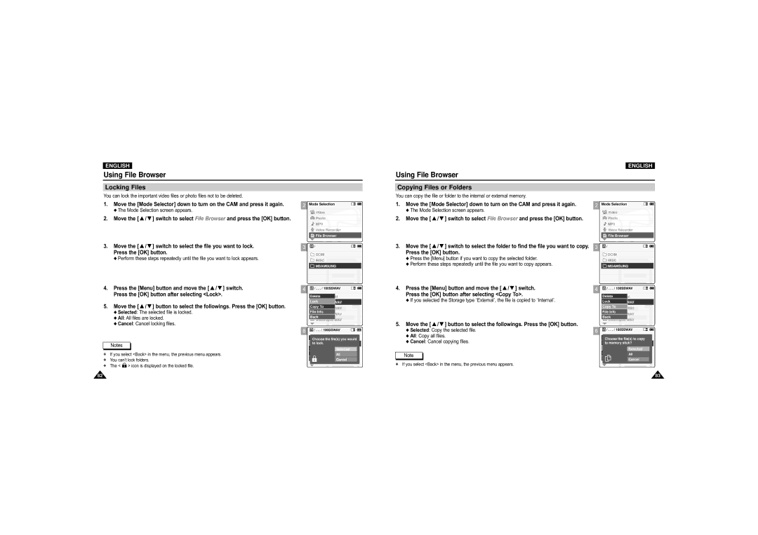 Samsung VP-M110S/XEE, VP-M110S/XET, VP-M110S/XEF, VP-M110B/XEF, VP-X110L/XEF manual Locking Files, Copying Files or Folders 