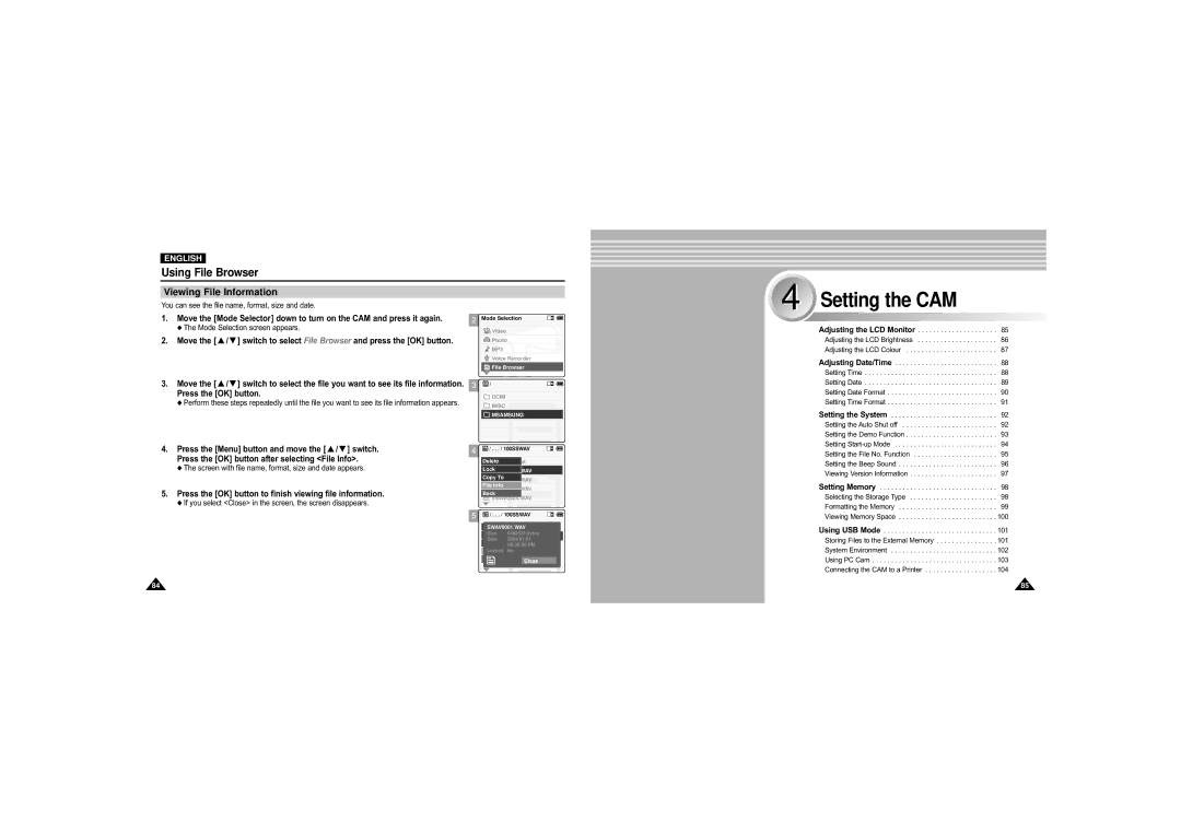 Samsung VP-M105S/SEO Setting the CAM, Viewing File Information, Press the OK button to finish viewing file information 