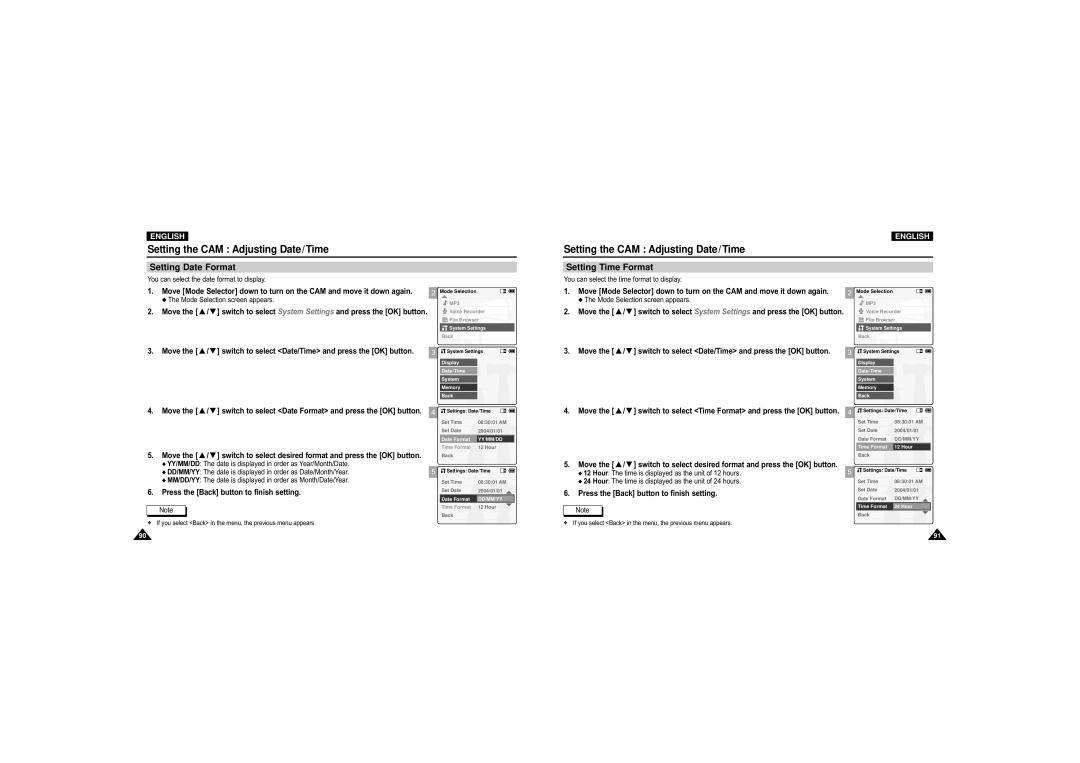 Samsung VP-M105R/XEV, VP-M110S/XET, VP-M110S/XEF, VP-M110B/XEF, VP-X110L/XEF manual Setting Date Format, Setting Time Format 