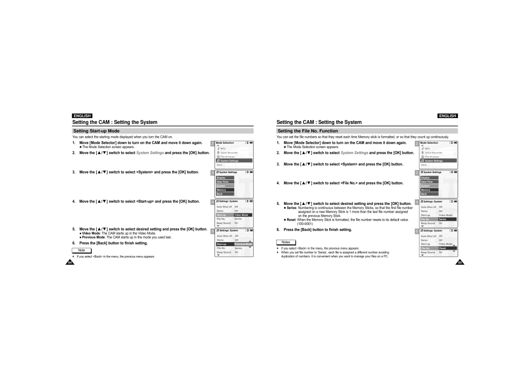 Samsung VP-X110L/XEV, VP-M110S/XET, VP-M110S/XEF, VP-M110B/XEF manual Setting Start-up Mode, Setting the File No. Function 