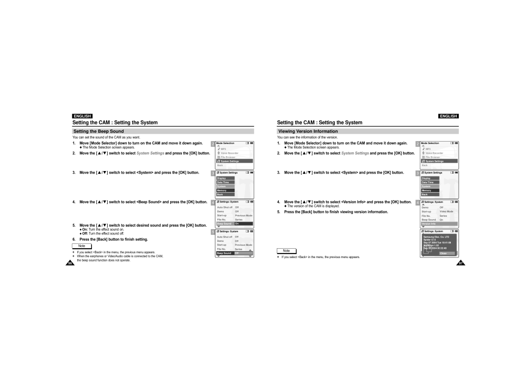 Samsung VP-M110B/XEV, VP-M110S/XET, VP-M110S/XEF, VP-M110B/XEF manual Setting the Beep Sound, Viewing Version Information 