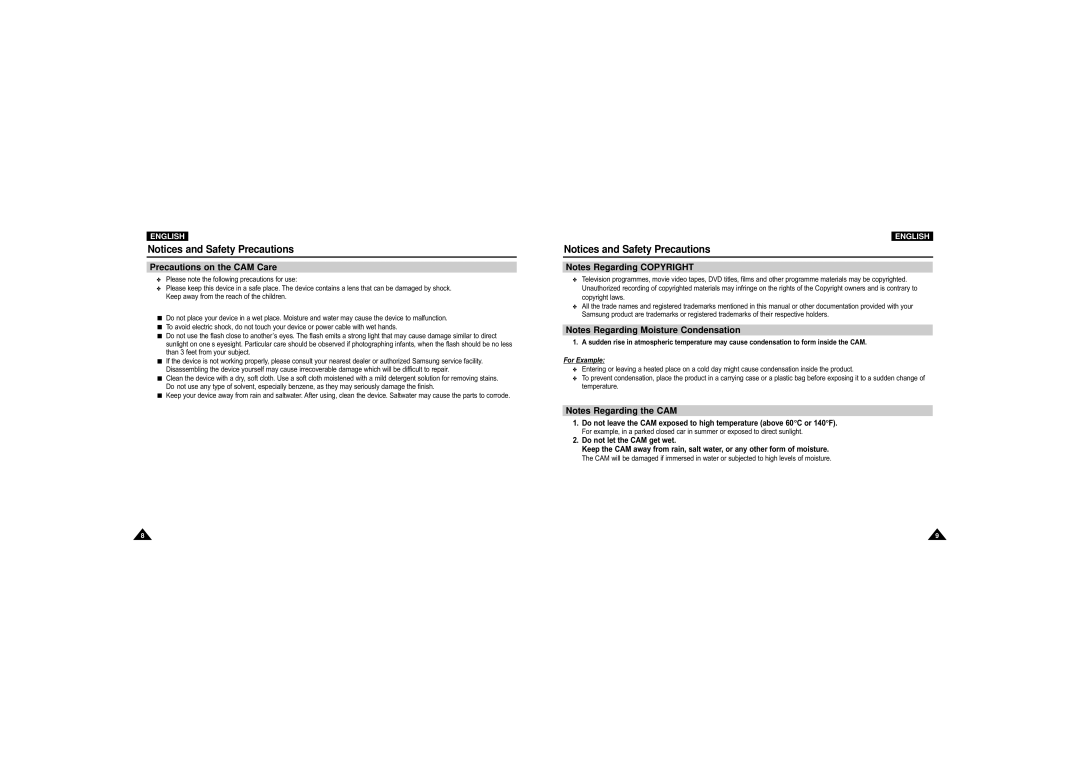 Samsung VP-X110L/XET, VP-M110S/XET, VP-M110S/XEF, VP-M110B/XEF, VP-X110L/XEF manual Precautions on the CAM Care, For Example 