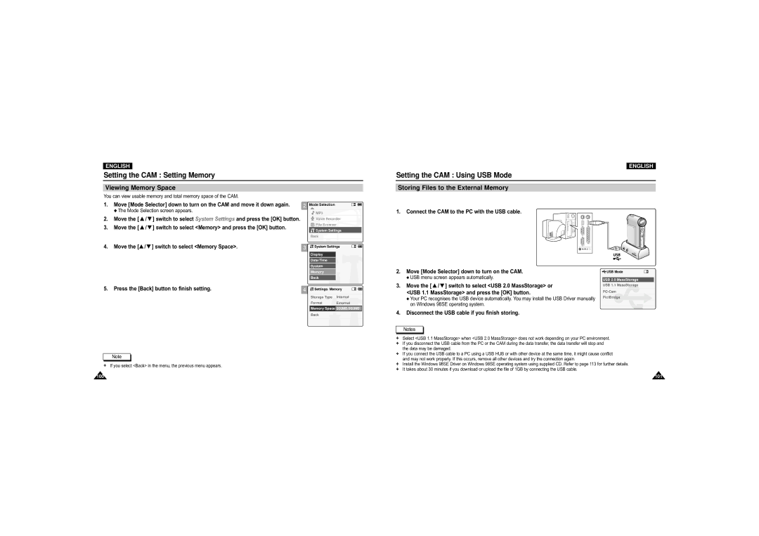 Samsung VP-M110R/XEV manual Setting the CAM Using USB Mode, Viewing Memory Space, Storing Files to the External Memory 