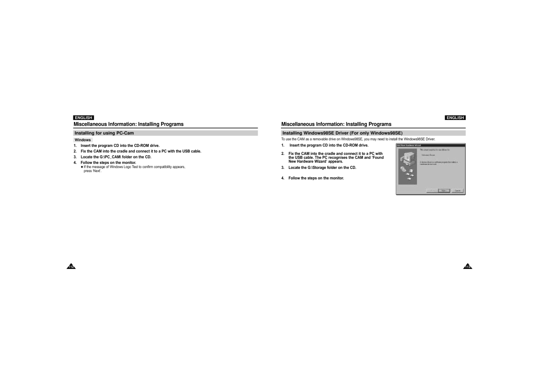 Samsung VP-M110B/XEF, VP-M110S/XET manual Installing for using PC-Cam, Installing Windows98SE Driver For only Windows98SE 