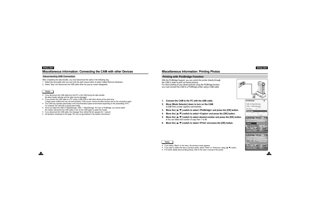 Samsung VP-X110L/XEF, VP-M110S/XET manual Miscellaneous Information Printing Photos, Printing with PictBridge Function 